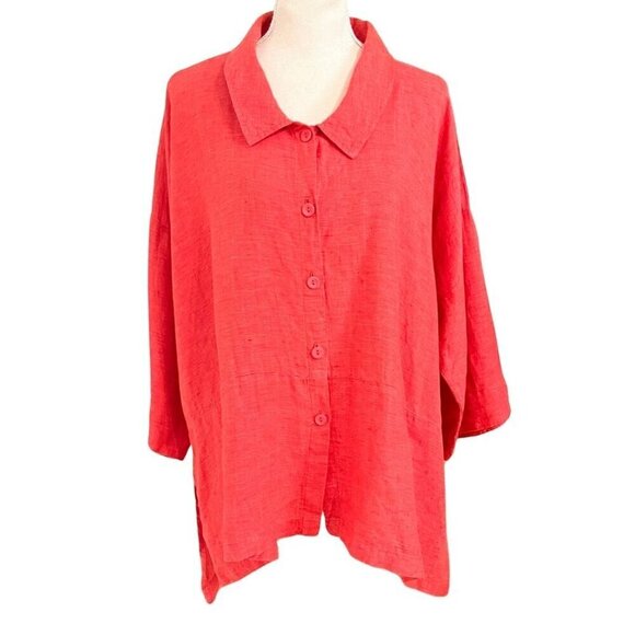 FLAX DARK ORANGE 100% LINEN BUTTON FRONT HALF SLEEVE FLOWY SHIRT BLOUSE TOP - L - Picture 1 of 12